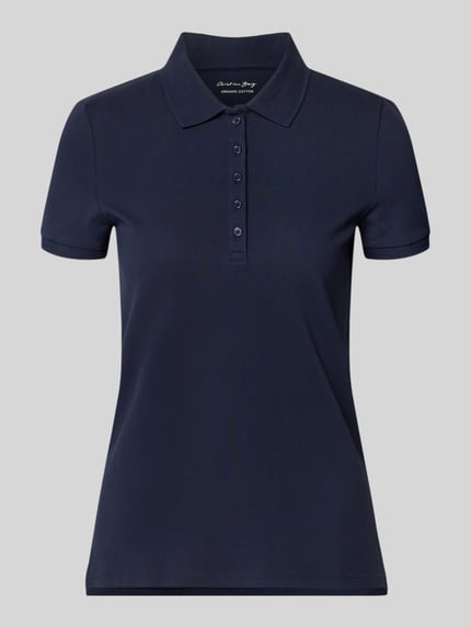 Productfoto, Slim Fit Poloshirt mit Knopfleiste van Christian Berg Woman in donkerblauw, katoen-elastaanmix, zijsplitten, ruglengte 62 cm maat S