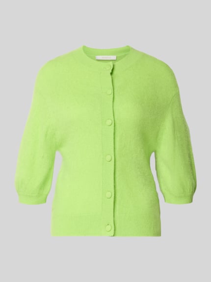 Produktfoto, Strickjacke aus Kaschmir-Baumwoll-Mix mit 1/2-Arm von HERZENS, regular fit, ronde hals, knoopsluiting, ruglengte 58 cm, mouwlengte 31 cm, felgroen, zachte textuur