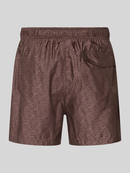 Produktfoto, Regular Fit Badeshorts mit Allover-Logo-Print von Emporio Armani in Braun, elastischer Bund, Tunnelzug, feine Textur