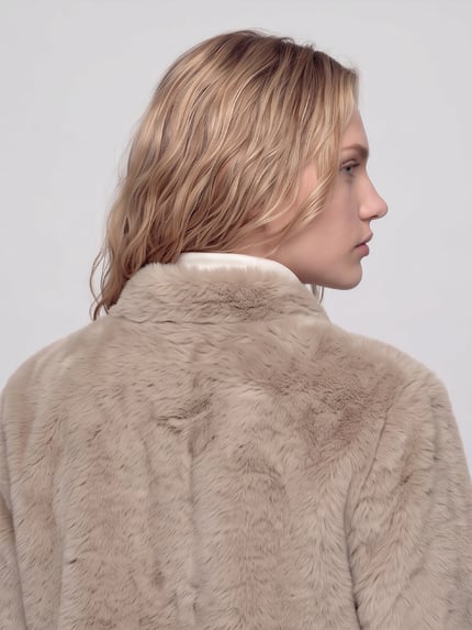 Frauenmodel trägt Webpelzjacke mit verdecktem Druckknopfverschluss von JAKE*S WOMAN CASUAL, beige, strukturierte Fleece-Optik, Ganzkörperansicht Rückansicht.