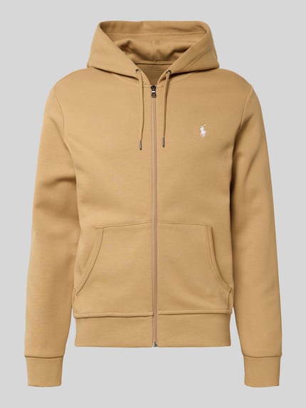Produktfoto, Sweatjacke mit Kapuze von Polo Ralph Lauren in Beige, Baumwoll-Elasthan-Mix, Regular-Fit, Kapuze, Tunnelzug, Reißverschluss, Eingrifftaschen, Label-Stitching, gerippte Abschlüsse, Rückenlänge 68 cm, Ärmellänge 65 cm.