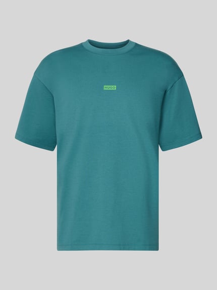 Produktfoto, Oversized T-Shirt aus reiner Baumwolle Modell 'NALONO' von Hugo Blue, unifarben in Türkis, Label Print, Rundhals, kurzarm, Webware