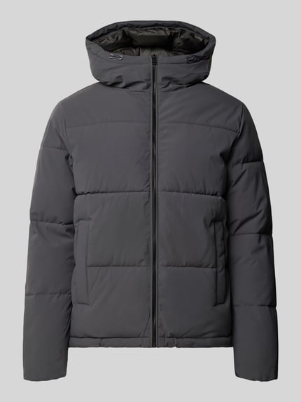 Produktfoto, Steppjacke mit Kapuze Modell 'GALAXY' von JACK & JONES, Regular Fit, dunkelgraue glatte Oberfläche, Reißverschluss, Eingrifftaschen