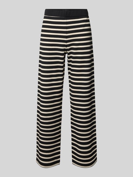 Produktfoto, Hose im Allover-Look Modell 'Filiz' von STEHMANN, bawełniany miks z dodatkiem stretchu, krój relaxed fit, elastyczny pas, szerokość w rozmiarze 36: 38 cm, długość nogawki od wewnątrz w rozmiarze 36: 73 cm, czarne i beżowe paski, miękka faktura