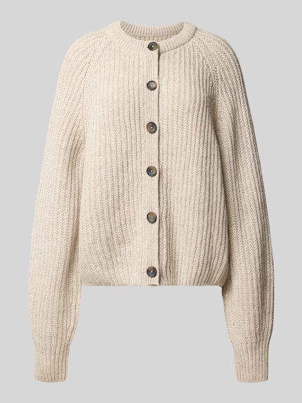 Produktfoto, kremowy kardigan rozpinany z mieszanki wełny, faktura dzianiny prążkowanej, Loose Fit Strickjacke aus Woll-Mix Modell 'RIB KNIT' von ARMEDANGELS, damski