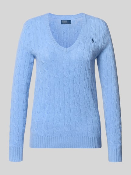 Produktfoto, Regular Fit Pullover aus Woll-Mix mit Kaschmir-Anteil von Polo Ralph Lauren, jasnoniebieski sweter, wzór warkoczowy, faktura dzianiny, damski sweter Polo Ralph Lauren