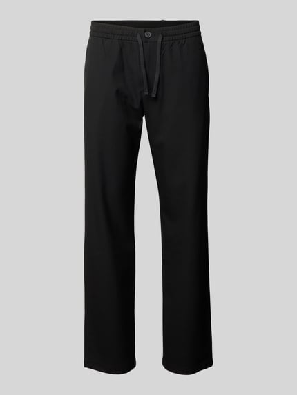 Produktfoto, Straight Leg Hose mit Viskose-Anteil Modell 'ROBERT' von SELECTED HOMME, schwarz, melierte Optik, elastischer Bund, seitliche Eingrifftaschen, Paspeltaschen, Label Patch.