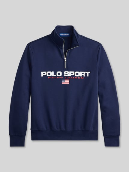 Produktfoto, Relaxed Fit Troyer aus Baumwoll-Mix von Polo Ralph Lauren in effen donkerblauw met labelprint, lange mouwen, ribboorden, korte ritssluiting, sweatstructuur