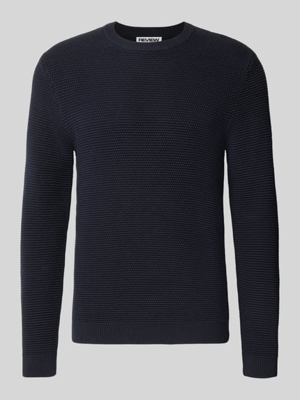 Produktfoto, dunkelblauer Regular Fit Strickpullover aus reiner Baumwolle von REVIEW mit gerippten Abschlüssen und gerippter Blende, Langarm