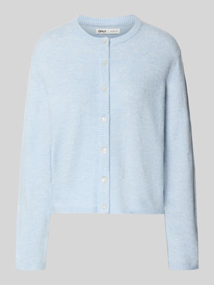 Produktfoto, Regular Fit Strickjacke mit einreihiger Knopfleiste Modell 'SIMONI' von ONLY, Optik: Unifarben, Rundhals, Materialverarbeitung: Strick, Farbe: hellblau, Obermaterial weich, Ärmelabschluss gerippt, Vorderansicht.