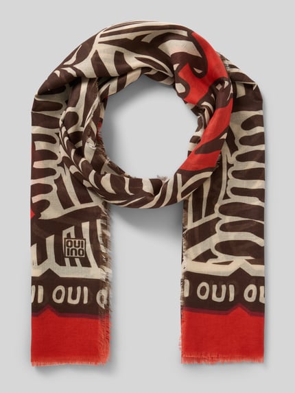 Produktfoto, Schal mit Label-Print von Oui in Braun, Rot und Creme, rechteckig, ausgefranst, semitransparent, 92 cm breit