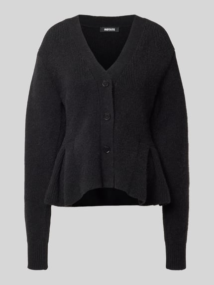 Produktfoto, Relaxed Fit Cardigan aus Alpaka-Mix von ROTATE in Schwarz, Strick-Optik, Volant-Saum, durchgängige Knopfleiste, Rückenlänge 56 cm bei Größe S, elastischer Alpaka-Mix mit Woll-Anteil.
