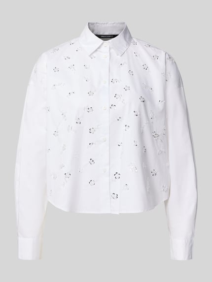 Produktfoto, weiße Regular Fit Bluse mit Pailletten von Armani Exchange, reine Baumwolle, Hemdblusenkragen, Knopfleiste, glatte Textur