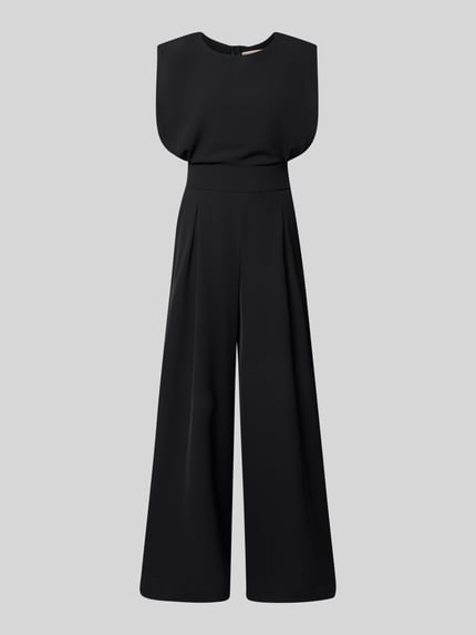 Produktfoto, Regular Fit Jumpsuit mit Rundhalsausschnitt von Rinascimento, czarny, bez rękawów, krój regular fit, elastyczny materiał, plisowania, długość całkowita 150 cm, szerokość w rozmiarze S: 45 cm, długość pleców 50 cm, długość wewnętrzna nogawki 86 cm