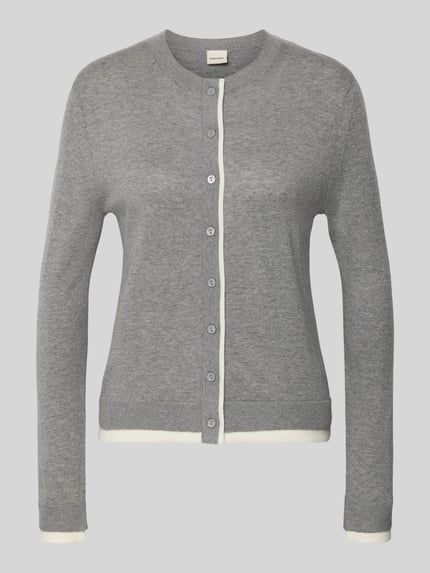 Produktfoto, Cardigan aus Leinen-Mix mit Rundhalsausschnitt von Stefanel, grau mit weißen Abschlüssen, Slim Fit, Knopfleiste, feiner Strick, Rückenlänge 56 cm, Ärmellänge 55 cm, Damen Cardigan mit Kaschmir-Anteil