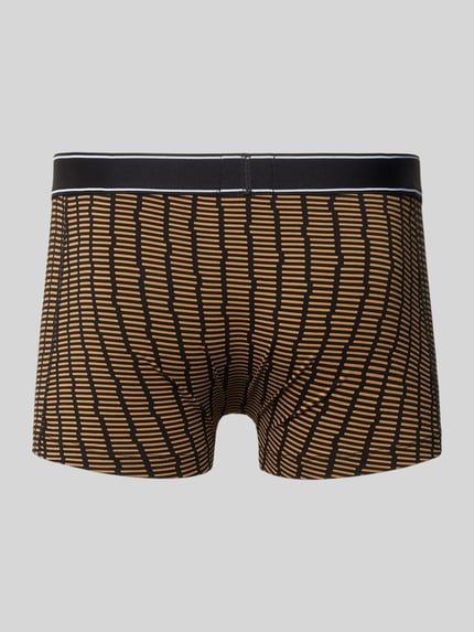 Produktfoto, obcisłe bokserki z mieszanki bawełny Trunks aus Baumwoll-Mix von BOSS, wzór w czarne linie na brązowym tle, kontekst: Herren Pant & Trunk von BOSS