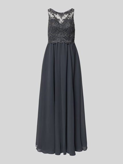Produktfoto, Abendkleid mit Ziersteinen und floralen Stickereien von LAONA, dunkelgrau, taillierte Passform, doppellagiger Rock, Rundhalsausschnitt