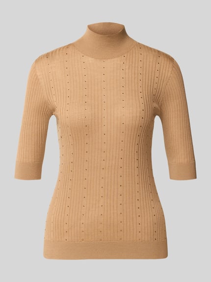 Productfoto, Slim Fit Longsleeve uit pure lanawol model 'Maglia Costine' van Liu Jo White, beige kleur, transparant design, staande kraag, halve mouw, zichtbare ribtextuur