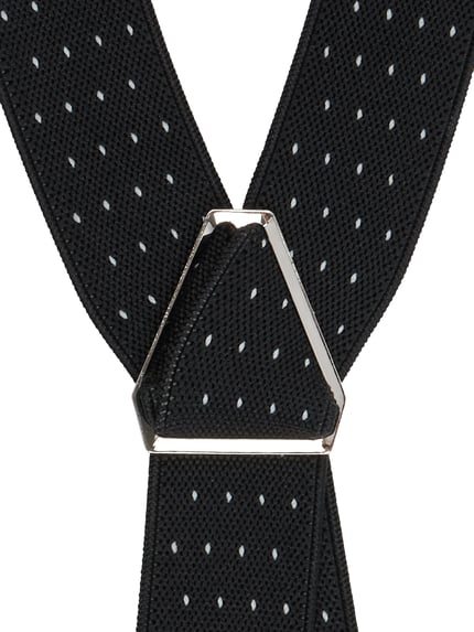 Produktfoto, Hosenträger in X-vorm van Willen, zwarte elastische materiaalmix met witte stippen, verstelbare bandjes, metalen clips