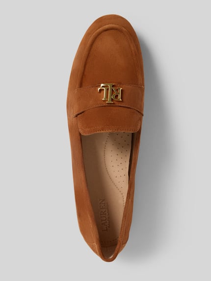 Produktfoto, Loafer aus Leder mit Label-Applikation Modell 'AVERI III' von Lauren Ralph Lauren in Braun, abgerundete Spitze, Schlupfform, Echtleder, Absatzhöhe 1 cm, Schafthöhe 7 cm, Schaftweite 5 cm