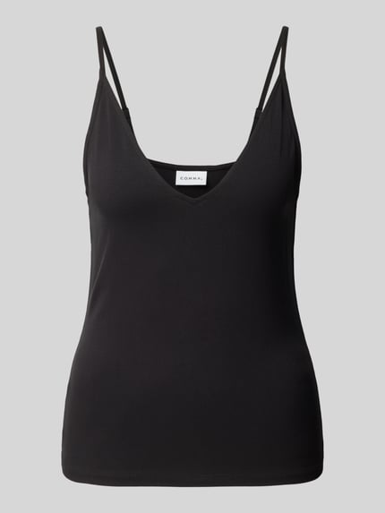 Produktfoto, schwarzes Slim Fit Trägertop aus elastischem Viskose-Mix Modell 'OKTOBER' von COMMA, V-Ausschnitt, verstellbare Träger