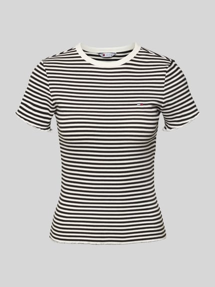 Produktfoto, Slim Fit T-Shirt aus Baumwoll-Mix von Tommy Hilfiger, Optik: Gestreift, Logo-Detail, Rundhals, Feinripp-Struktur, Kurzarm, Frill an Ärmeln und Rumpfabschluss