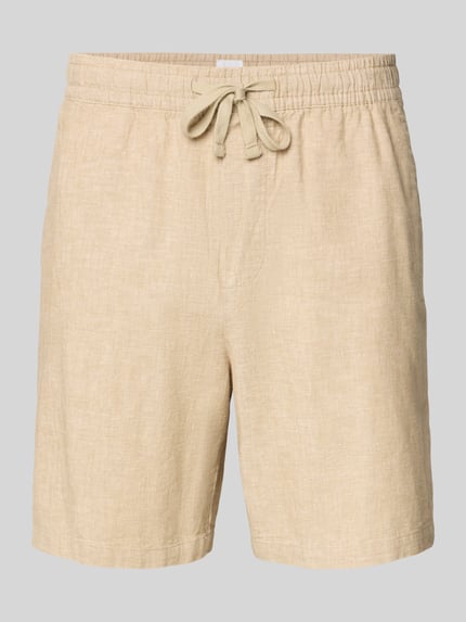 Produktfoto, Leinenshorts mit elastischem Bund von GAP im Beige-Ton, Baumwolle-Leinen-Mix, Loose-Fit, mit Kordelzug, Eingrifftaschen, Gesäßtaschen, Bundweite 42 cm, Innenbeinlänge 17 cm.