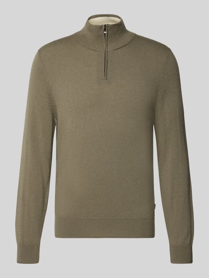 Produktfoto, olivgrüner Regular Fit Troyer aus Schurwoll-Kaschmir-Mix Modell 'HEMARLO' von BOSS, Feinstrick, Reißverschluss, unifarben, gerippte Abschlüsse