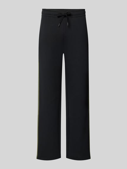 Produktfoto, Flared Fit Sweatpants aus Baumwoll-Mix von Paul Smith in Schwarz mit elastischem Bund, Gesäßtasche und farbigen Seitenstreifen.