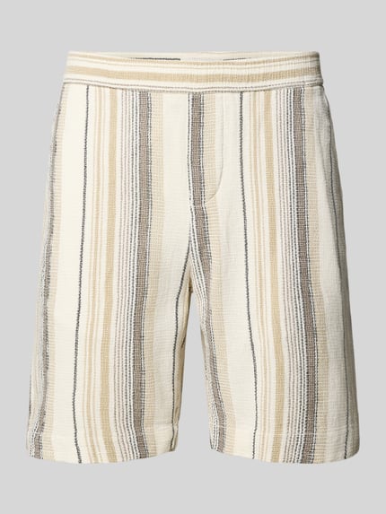 Produktfoto, Regular Fit Shorts aus reiner Baumwolle Modell 'REGCAL' von SELECTED HOMME in Optik: Unifarben, mit elastischem Bundabschluss, Tunnelzug, Eingrifftaschen und Gesäßtasche, strukturierte Oberfläche in Beige- und Grautönen, Material: Reine Baumwolle.
