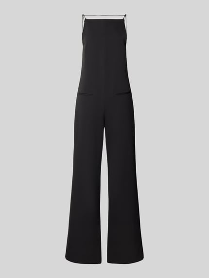 Produktfoto, schwarzer Jumpsuit mit Eingrifftaschen von Mango, lockerer Schnitt, Square-Neck, Spaghettiträger, Material-Mix mit Stretch