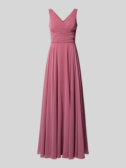 Produktfoto, Abendkleid mit V-Ausschnitt von TROYDEN COLLECTION in Altrosa, A-Linie, Maxikleid, Rückenlänge 155 cm, Brustweite 43 cm, Reißverschluss auf der Rückseite, glatte Textur.