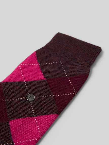 Produktfoto, Socken aus Schurwolle-Mix Modell 'Marylebone' von Burlington, mieszanka żywej wełny, wzór w kratę, detal z logo, prążkowane ściągacze