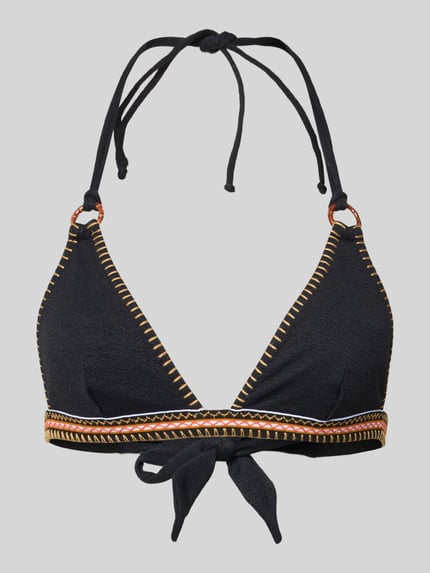 Produktfoto, Bikini-Oberteil mit Schnürung Modell 'WAKO SANTANY' von Banana Moon, czarny materiał z kolorowymi przeszyciami, dopasowany krój, materiał z domieszką stretchu, wiązany na szyi