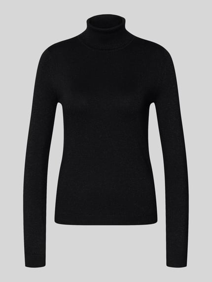Produktfoto, schwarzer schimmernder Slim Fit Rollkragenpullover aus Viskose-Mix Modell 'HAPPYSHINE' von Vero Moda, Stricktextur.