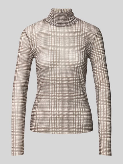 Produktfoto, Slim Fit Longsleeve mit Stehkragen von Rich & Royal, semitransparent, elastischer Material-Mix, braun-gemustert