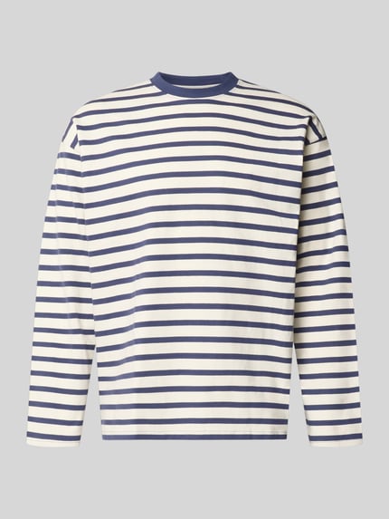Produktfoto, Regular Fit Longsleeve aus reiner Baumwolle mit Streifenmuster von JACK & JONES, navy-weiße Streifen, Rundhalsausschnitt, Herren, glatte Textur, Rückenlänge Größe M 70 cm