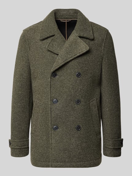 Produktfoto, Jacke mit Reverskragen und Ärmelriegeln von MCNEAL, mieszanka materiałów z dodatkiem wełny, krój regular fit, dwurzędowy, wpuszczane kieszenie, zapięcie na guzik, kolor oliwkowy, wyraźna tekstura tkaniny, długość tyłu w rozmiarze M: 77 cm, szerokość ramion w rozmiarze M: 44 cm, szerokość w klatce piersiowej w rozmiarze M: 51 cm, długość rękawów w rozmiarze M: 67 cm