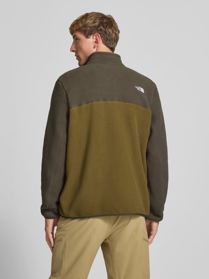 Männermodel trägt Fleecejacke mit Stehkragen Modell 'YUMIORI' von The North Face, zweifarbig, lockere Passform, Ganzkörperansicht Rückansicht.