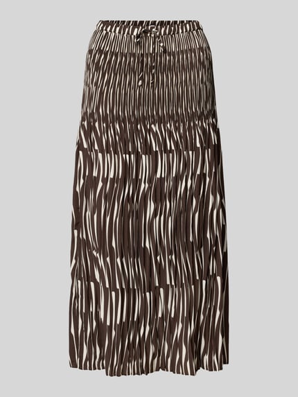 Productfoto, Midirok in plissélook model 'Ribane' van OPUS, lichte a-lijn, elastische tailleband met trekkoord, bruin-beige motief