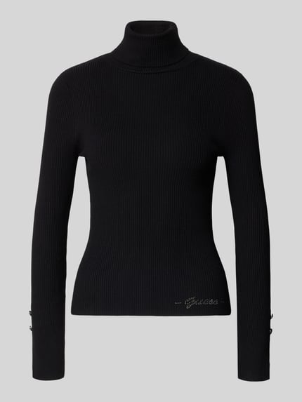 Produktfoto, Strickpullover aus Viskose-Mix mit Rollkragen von GUESS, zwarte riblook, slim fit, model 'ELLIE', labeldetail, dames, ruglengte maat S 54 cm, mouwlengte maat S 62 cm