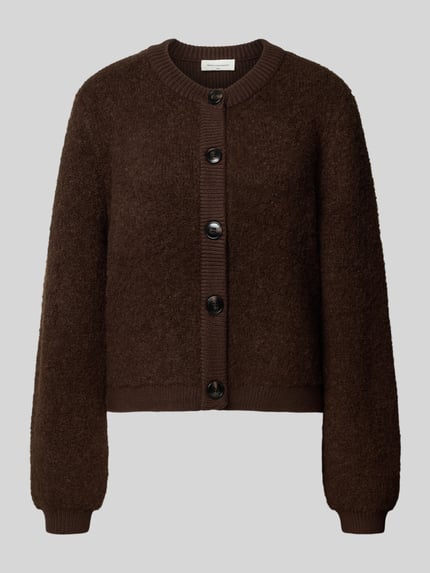 Produktfoto, Strickjacke aus Viskose-Mix Modell 'Taile Nerida' von MSCH Copenhagen in Dunkelbraun mit Rundhalsausschnitt und Knopfleiste, strukturierte Oberfläche, Relaxed Fit, Damen Strickjacke mit Woll-Anteil