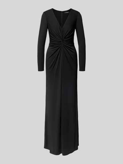 Productfoto, zwart avondkleed met V-hals en knoopdetail, model 'NADIRA' van Lauren Ralph Lauren, getailleerd, maxilengte, stretchmateriaal.