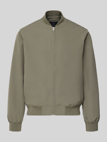 Productfoto, olijfgroene Bomberjacke met opstaande kraag model 'BLAASPEN' van Jack & Jones Premium, materiaal-mix met stretch, ontspannen fit, rits, zijzakken, elastische boorden, herenmode
