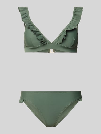 Produktfoto, grünes Bikini-Set mit Rüschen, Modell 'BOBBY' von Shiwi aus Stretch-Material, körpernah, glatte Textur