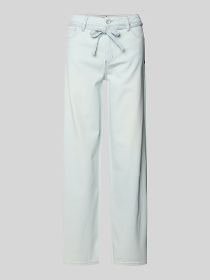 Produktfoto, Wide Leg Jeans mit Bindegürtel von Buena Vista aus hellblauem Baumwoll-Mix mit Stretch-Anteil, Eingrifftaschen, glatte Struktur, Bundweite 40 cm, Innenbeinlänge 79 cm, Größe S