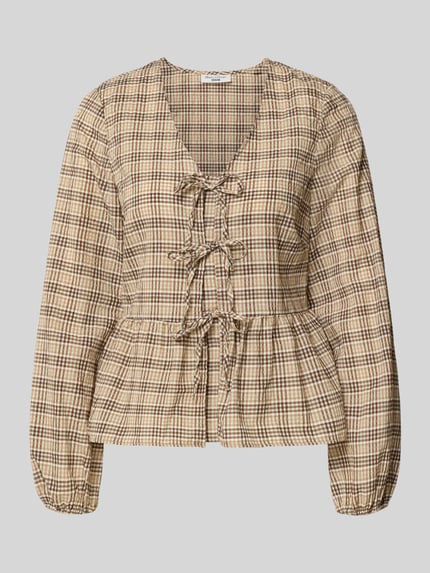 Produktfoto, Slim Fit Langarmbluse aus Baumwoll-Mix van Marc O'Polo Denim, beige-bruin geruit met strikapplicaties, tuniekkraag, lange mouwen met elastische boorden, uitlopende zoom, effen design, katoenmix textuur