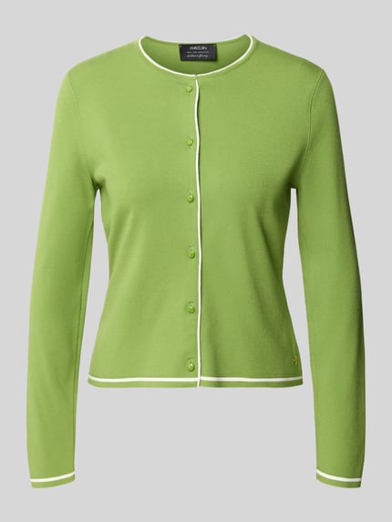 Productfoto, Cardigan uit viscosemix met contrastbies van Marc Cain, rechte fit, ronde hals, knopenrij, groene kleur, textuur glad