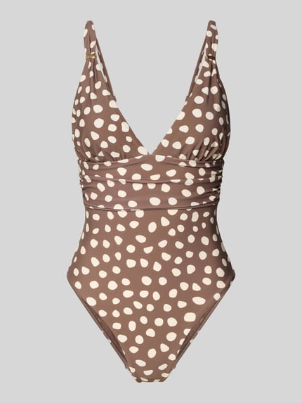 Produktfoto, Badeanzug mit V-Ausschnitt Modell 'Dauna Plunge' von Barts, materiał z domieszką stretchu, krój shaping fit, wzór w jasne kropki, detal z logo.