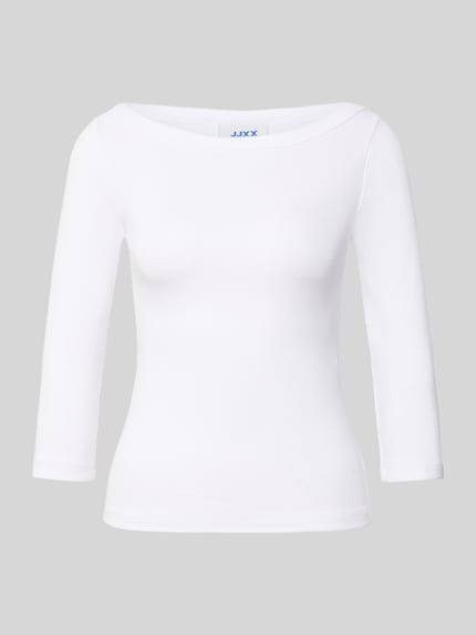 Produktfoto, weißes Slim Fit Longsleeve mit 3/4-Arm Modell 'FIFI' von JIXX aus elastischem Baumwoll-Mix, Ripp-Struktur, U-Boot-Ausschnitt.